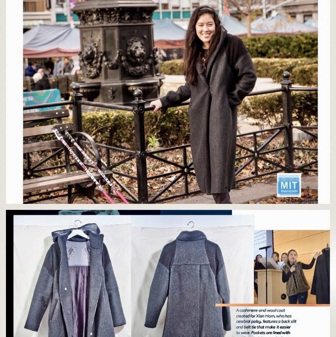 The Xian Coat: a rain-proof coat with customized accessibility features designed by Parson's Open Style Lab, informed by Xian's experience and input.