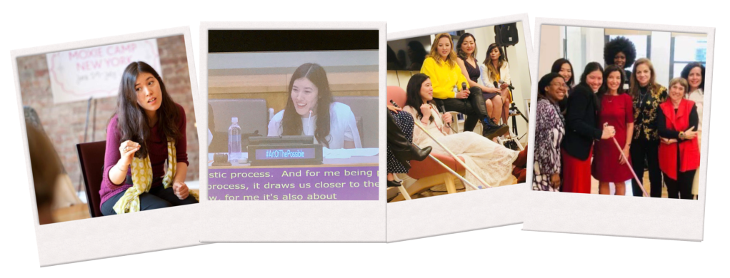 Cluster of 4 photos:
1 • Xian sitting in a red blouse and yellow scarf speaking to an audience, visible is a person to the side
2 • Xian speaking into a microphone on a UN panel with captions displayed on the screen
3 • Xian sitting speaking on a panel while three women look at her from the side
4 • Xian smiling in a red dress standing in a group a woman holding her ski pole
