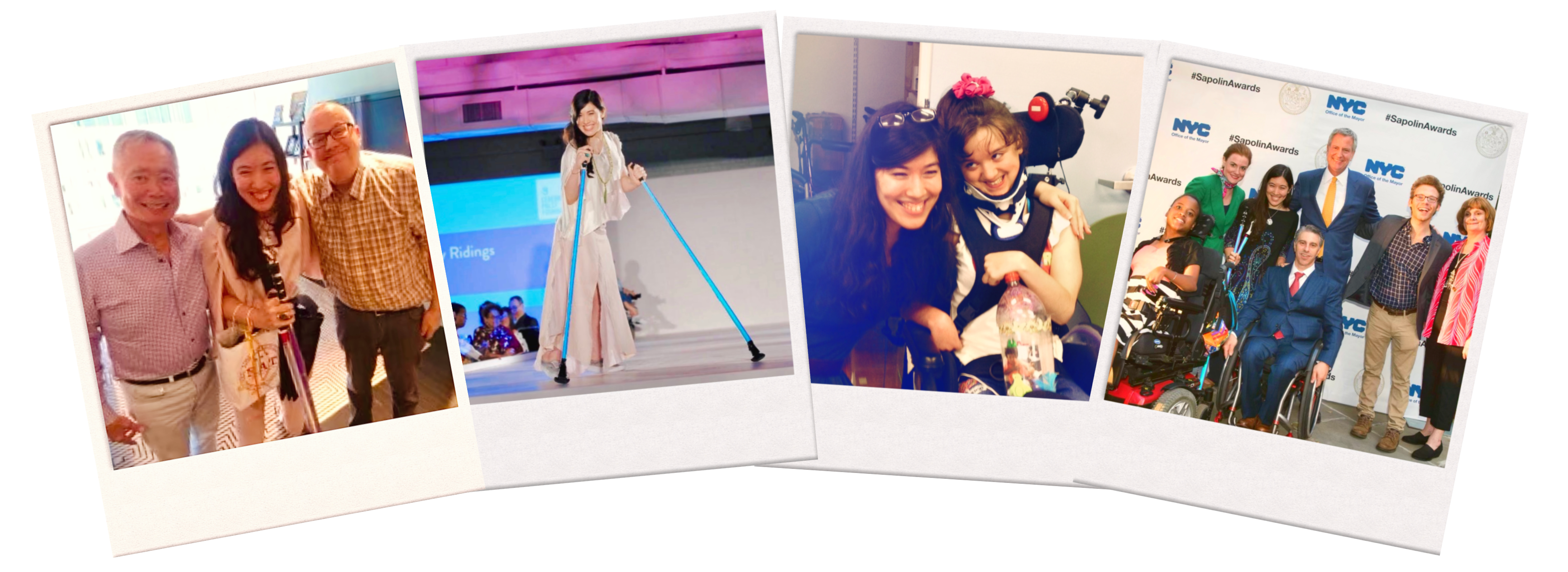Xian with George and Brad Takei, on a Runway for Design For Disability in 2017, Xian with a little girl Amelia, and Xian at Gracie Mansion for the Sapolin Awards 